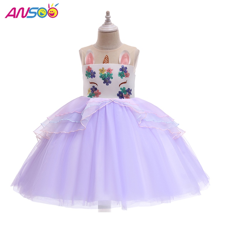 Ansoo Unicorn Princess Flower Girl Šaty Velkoobchodní děti svatební šaty kolena délka dívek party šaty
