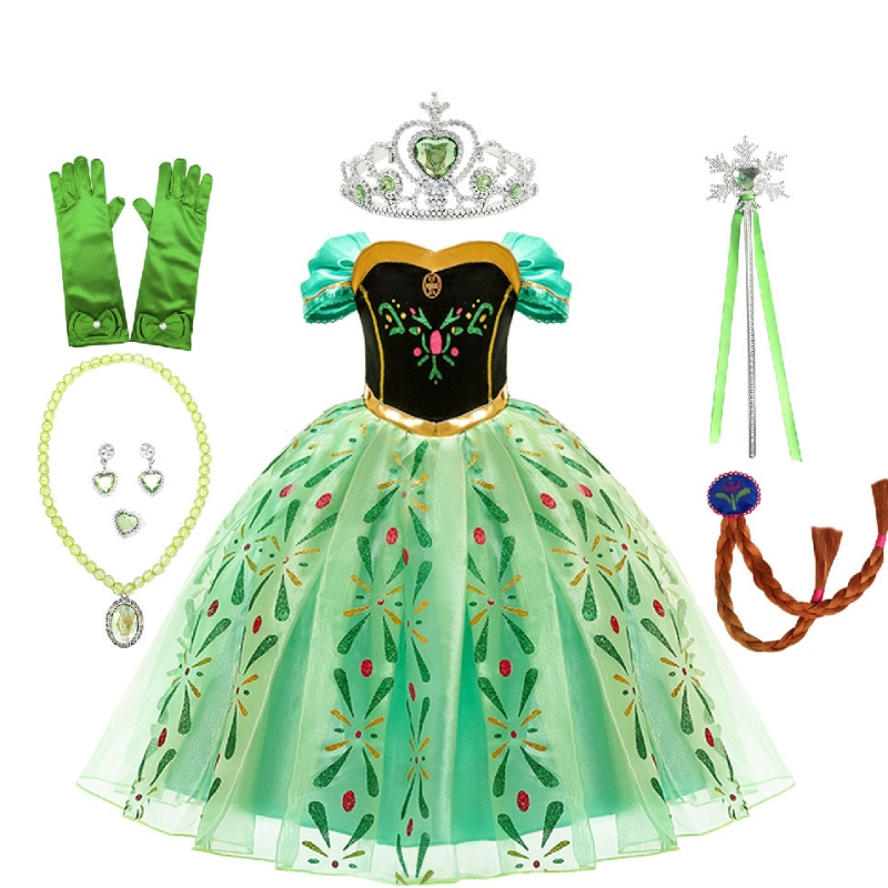 Anna Princess Girls Green Dress Children's Performance Costume s plným příslušenstvím pro dospělou párty