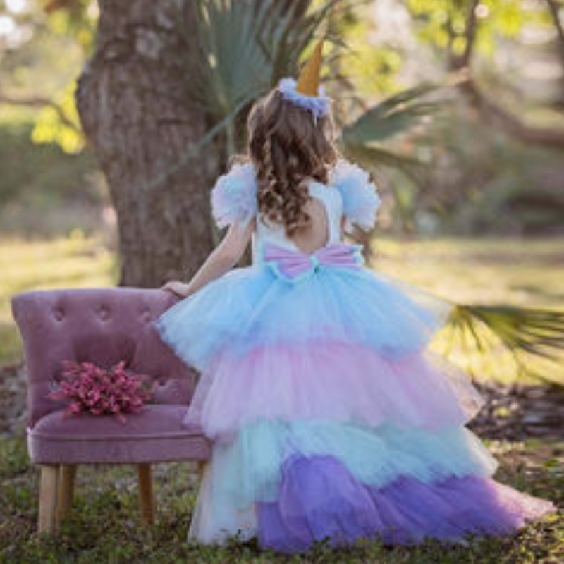 Jednorohorské party šaty pro dívky kostým Baby letní šaty děti Elegantní dívkanosí princezny šaty s dlouhým vlakem