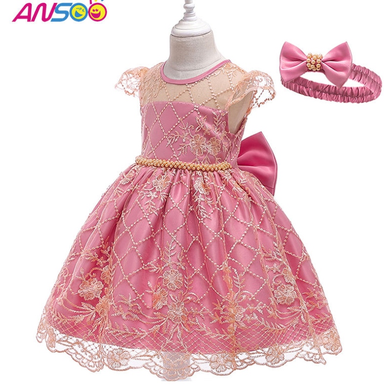 Ansoo Pretty Princess Girls Flower Svatební šaty Hostitel Noble Performance Narozeninové večírky s velkým lukem