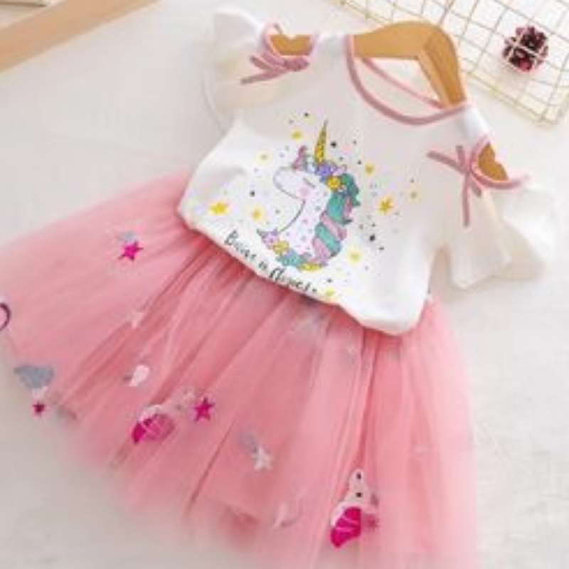 Dětské Dívky Jednorožce Šaty Letní Tričko+Tutu Princess Šaty Dětské Krátký rukáv Oblečení Set Dětské 2ks Party Kostým