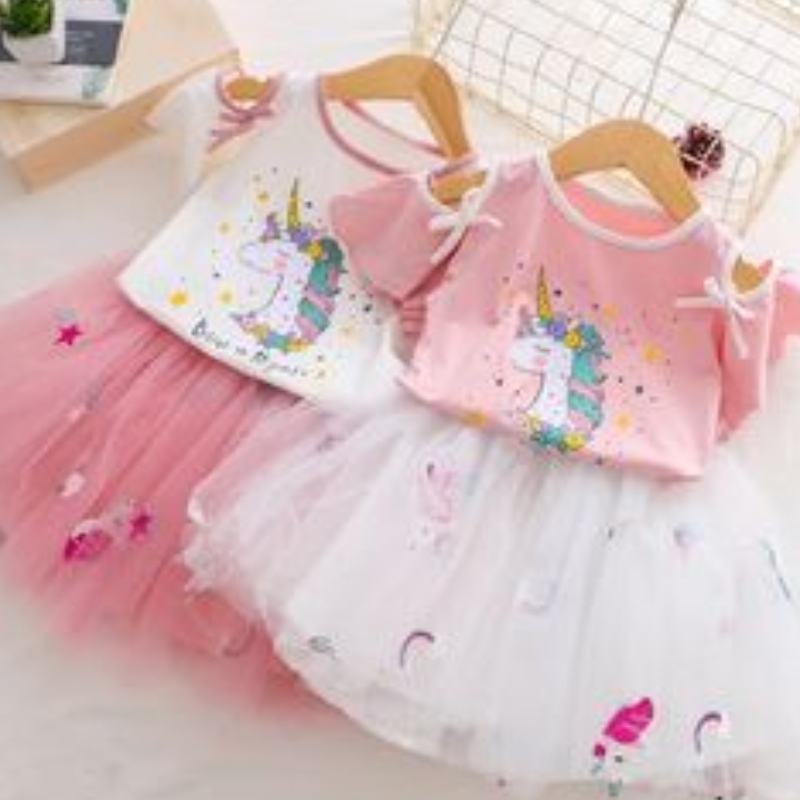 Dětské Dívky Jednorožce Šaty Letní Tričko+Tutu Princess Šaty Dětské Krátký rukáv Oblečení Set Dětské 2ks Party Kostým