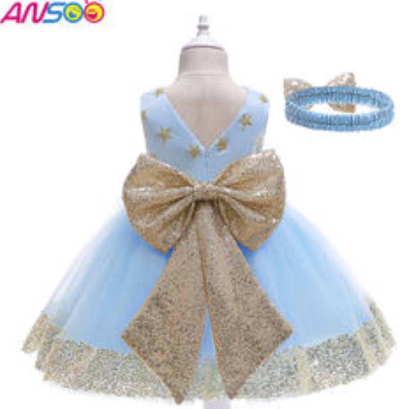 ANSOO FANCY KIDS DRESS NOVINKA Příchod krajky květinové dívky Hvězdovité vzory Krásné dětské děti Prvnínarozeninové šaty po dobu 1-13 let dívky