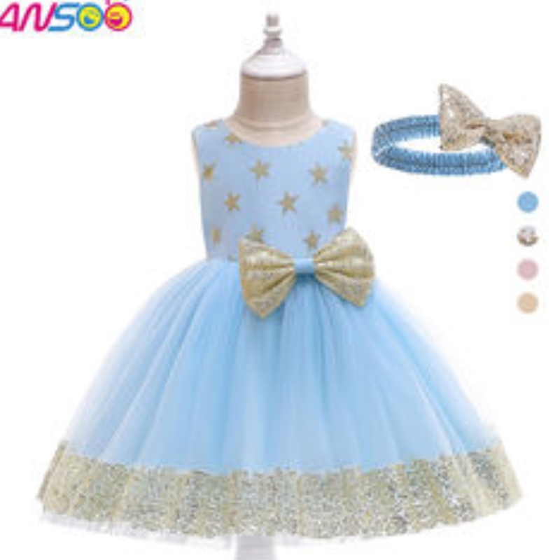ANSOO FANCY KIDS DRESS NOVINKA Příchod krajky květinové dívky Hvězdovité vzory Krásné dětské děti Prvnínarozeninové šaty po dobu 1-13 let dívky