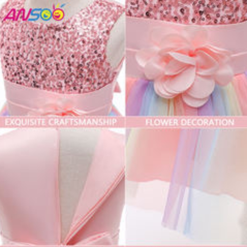 ANSOO Amazon Luxury Sleeveless Beautiful Princess Kids Ball Gall Children \\'s Clothing Purple Flower Girl Šaty pro volánné sukně