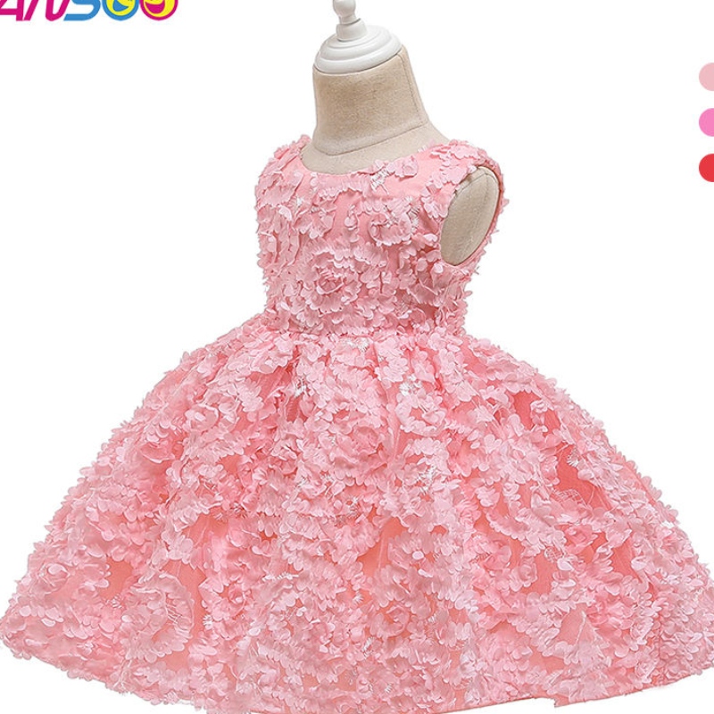 Ansoo 3 Colors Továrnana přizpůsobení ROSE Prvnínarozeninové šaty Kids Baby Girl Flower Princess Svatební růžové šaty pro děti