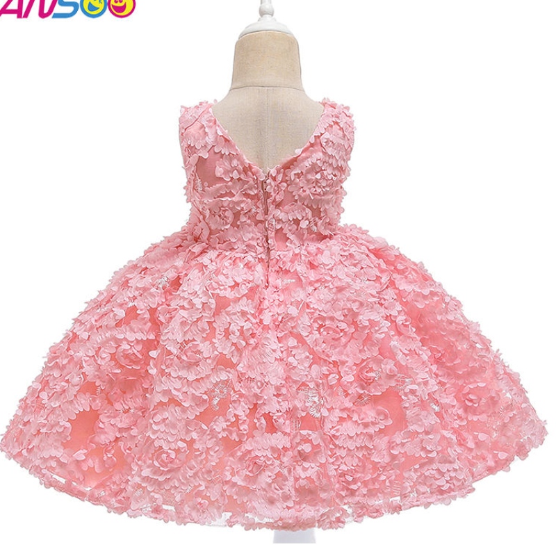 Ansoo 3 Colors Továrnana přizpůsobení ROSE Prvnínarozeninové šaty Kids Baby Girl Flower Princess Svatební růžové šaty pro děti