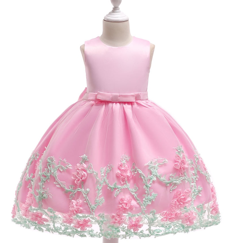 Baige Emboidery Flower Baby Girl Maxi First Communion Šaty s krásným lukem