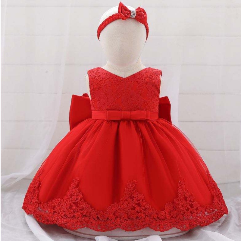 Baige Flower Girl Baby Dress Princess šaty s čelenkou krajka červená luk pártynosit dětinarozeninové šaty