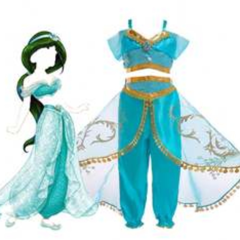 Baige Aladdin Cosplay Princess Jasmine Costume Girls Tops and Pants Oděv s parukami BX1625