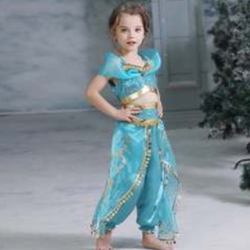 Baige Aladdin Cosplay Princess Jasmine Costume Girls Tops and Pants Oděv s parukami BX1625