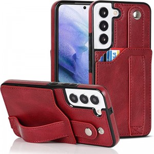 Navrženo pro Samsung Galaxy S22 5G Case With snastavitelnýmnáramkovým popruhem Kickstand PU Kožená kreditní karta Hlavní rázová hybridní drsný ochranný kryt pro ženy 6,1 palce růžové