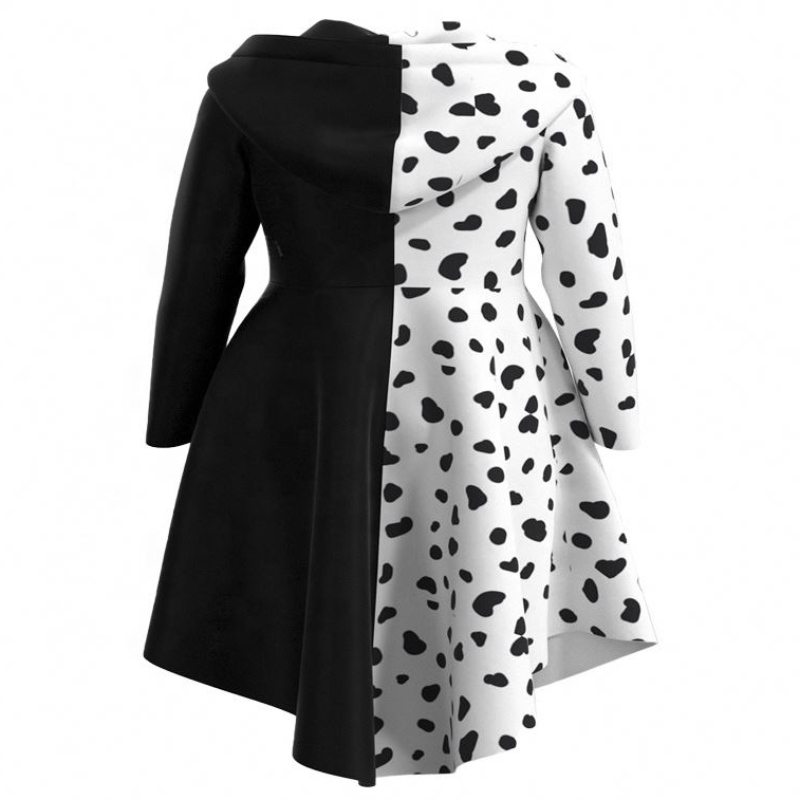 Deluxe oblékat sena doplnění ženské převleky deville koktejl Cosplay Party Black White Dalmatians Cruella Gown Coat pro Halloween