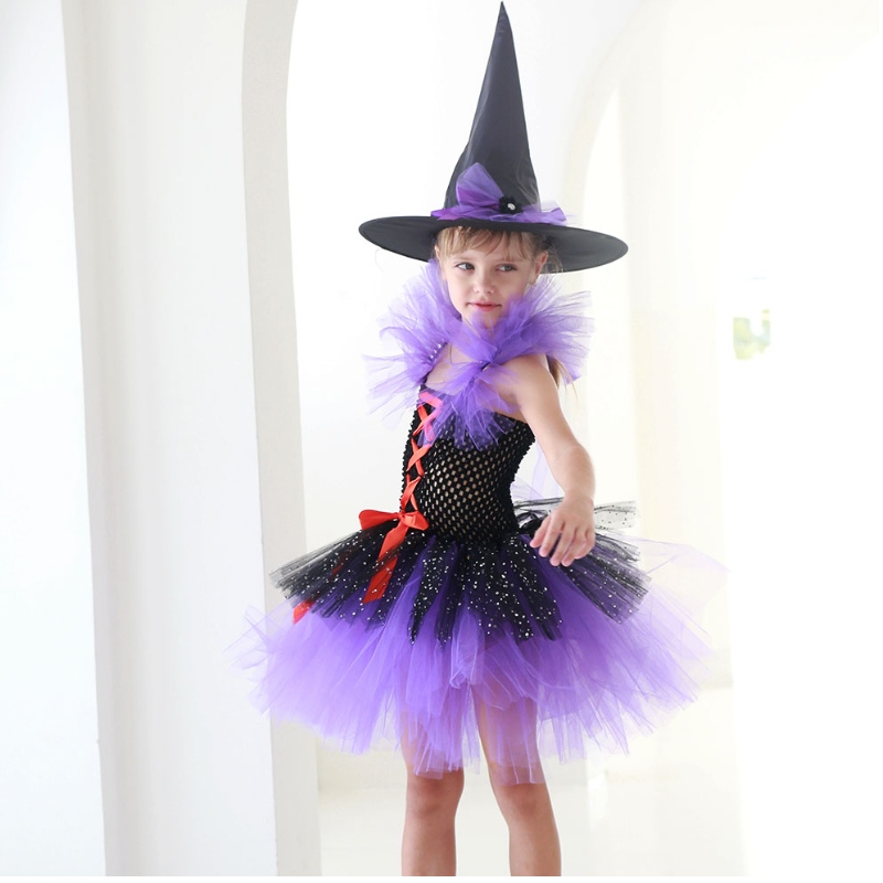 Amazon Hot Prodej Tutu čarodějnice kostým pro dívky s čarodějnicí klobouk Halloween Carnival Party