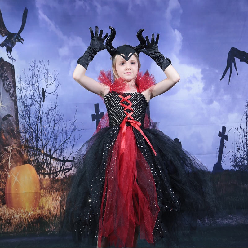 Amazon Hot Prodej dětí dívky deluxe halloween upír čarodějnice kostým víla princezna zlý tutu šaty rohy čelenka
