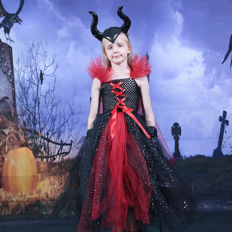 Amazon Hot Prodej dětí dívky deluxe halloween upír čarodějnice kostým víla princezna zlý tutu šaty rohy čelenka