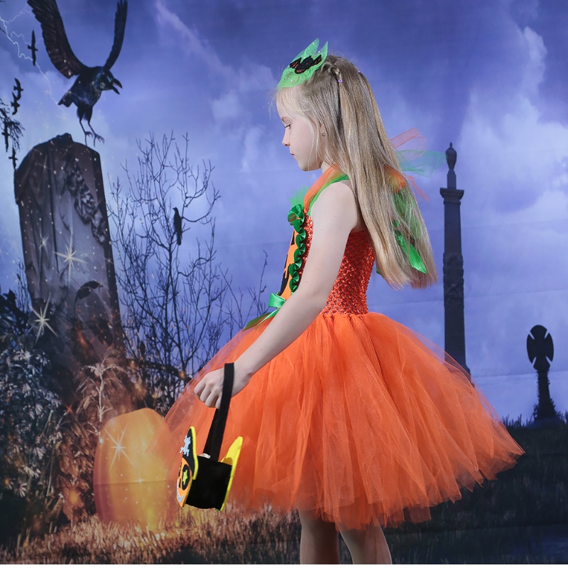 Amazon Hot Prodej dětí dívka halloween šaty dýňové síťové šaty tullu tulu