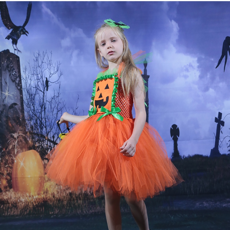 Amazon Hot Prodej dětí dívka halloween šaty dýňové síťové šaty tullu tulu