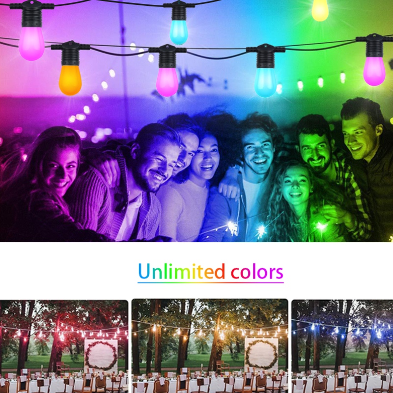 Inteligentní barevná řetězec, 48ft inteligentní patio světla rgbw LED řetězová světla, App&WiFi Control, pracuje s Alexou, měnící se řetězová světla se stmívatelnými 15 LED žárovkami, vodotěsný IP65