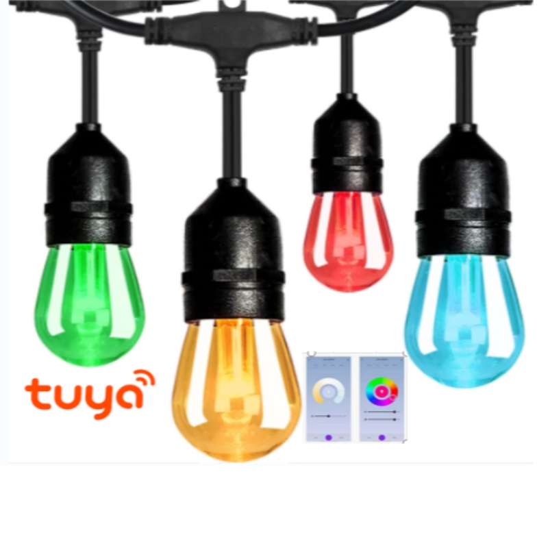 Inteligentní barevná řetězec, 48ft inteligentní patio světla rgbw LED řetězová světla, App&WiFi Control, pracuje s Alexou, měnící se řetězová světla se stmívatelnými 15 LED žárovkami, vodotěsný IP65