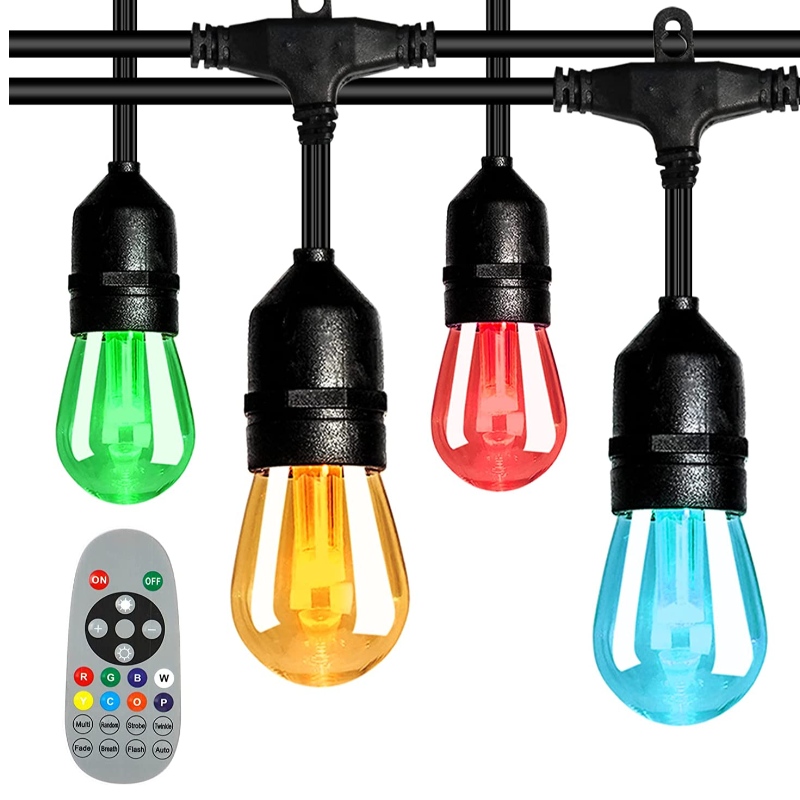 48ft barev měnící venkovní řetězová světla, 15 LED žárovky rozbíjející se šílenství, ip65 vodotěsná, rgbw blikající řetězec světla s RF vzdálenými, dekorativními světly pro terasu zahradu