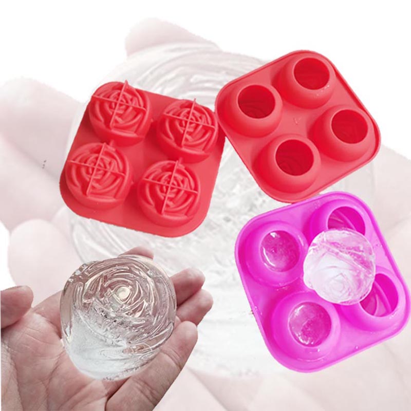 Silicone 3D Rose Ice Porma Velká kořena ledové kostky, dělá 4 roztomilý led ve tvaru květin, silikonový gumový zábava velká ledová koule výrobce pro koktejlovou šťávu Whisky Bourbon Freezer, myčkanádobí bezpečné, tři barvy