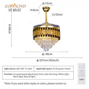 K011 Chanderier Stropní ventilátor se světlem se vzdáleným 42 palci 3 barvy s lustrem ventilátoru reproduktoru