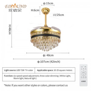 K012 CHANDELIER Stropní ventilátor se světlem se vzdáleným 42 palci 3 barvy s křišťálovým ventilátorem reproduktoru