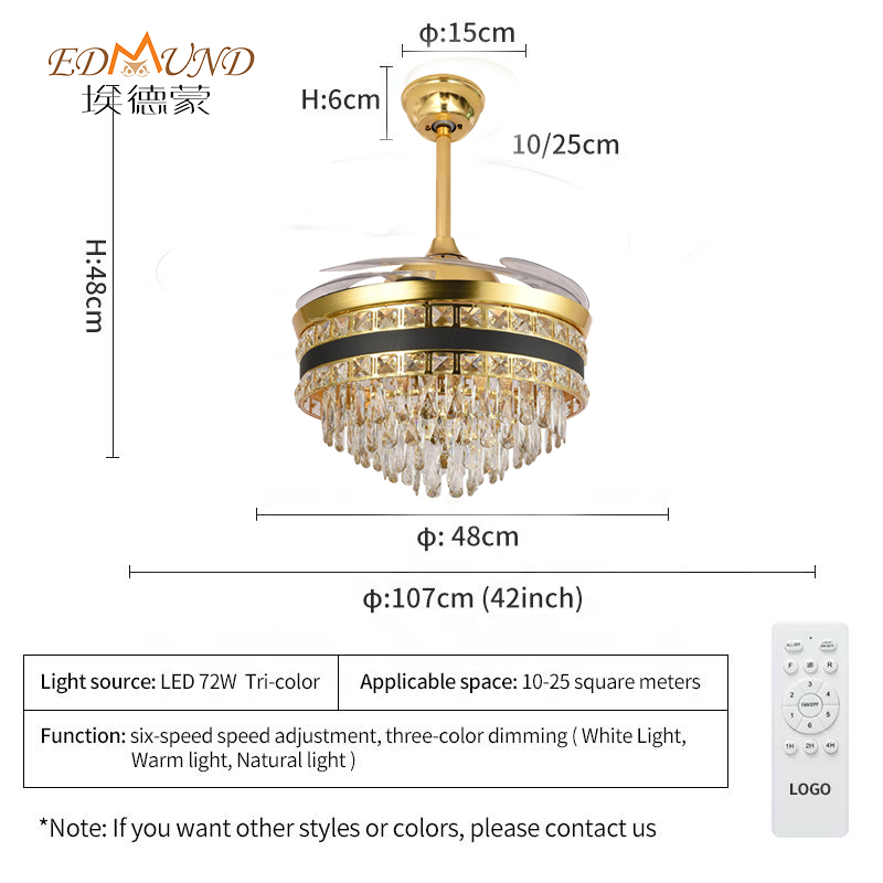 K012 CHANDELIER Stropní ventilátor se světlem se vzdáleným 42 palci 3 barvy s křišťálovým ventilátorem reproduktoru
