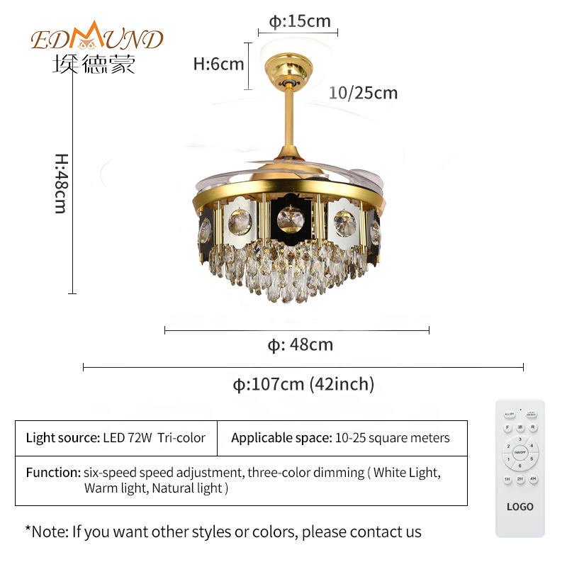 K013 CHANDERIER Stropní ventilátor se světlem se vzdáleným 42 palci 3 barvy s křišťálovým lustrem ventilátoru