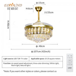 K014 CHANDELIER Stropní ventilátor se světlem se vzdáleným 42 palci 3 barvy s křišťálovým ventilátorem reproduktoru