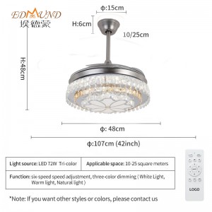 Stropní ventilátor K016 Chandelier se světlem se vzdáleným 42 palci 3 barvy s křišťálovým lustrem ventilátoru reproduktoru