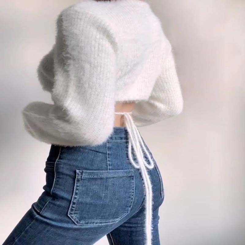 Sexy hluboký svetr s vysokým pasem s vysokým pasem s