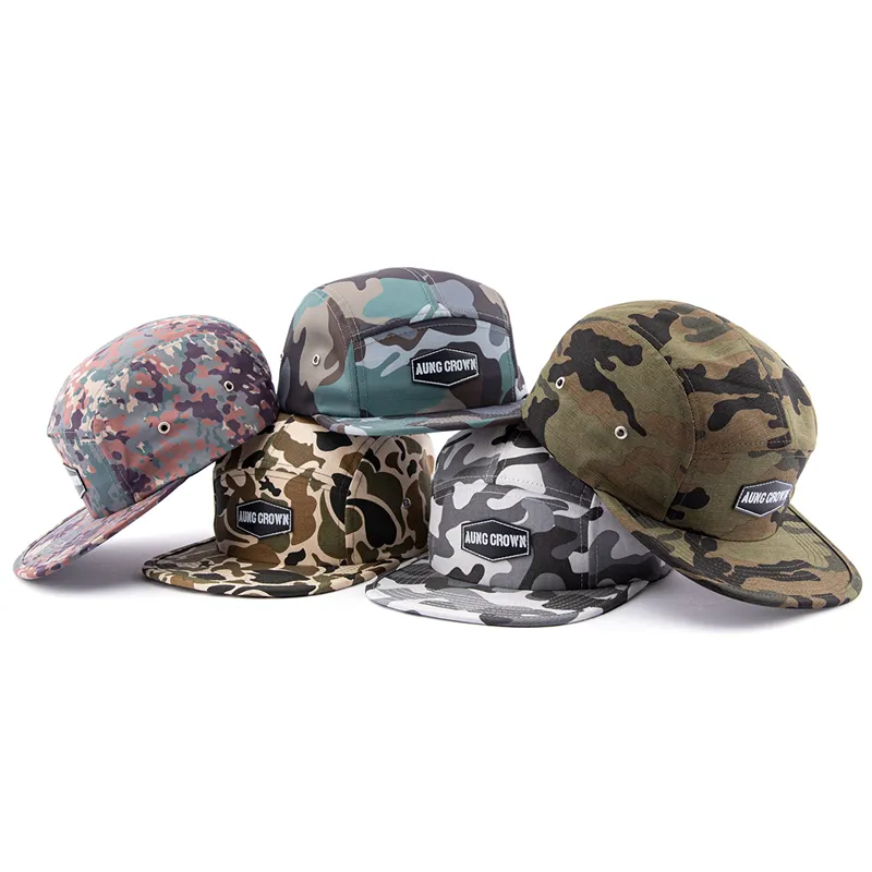 Vlastní vysoce kvalitní pohodlný plochý okraj Snapback Caps Kids 5 Panel Camp klobouk s koženounáplastí