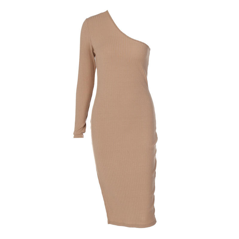 Vlastní jaro mimo ramen dlouhý polyester svetr ženy \\ oděv módní pletba pletená diagonální štěrbina sexy šaty