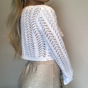 Bílý svetr V-krk vytáhl módní přehlídku s dlouhým rukávem tenký sexy pletený ženský svetr