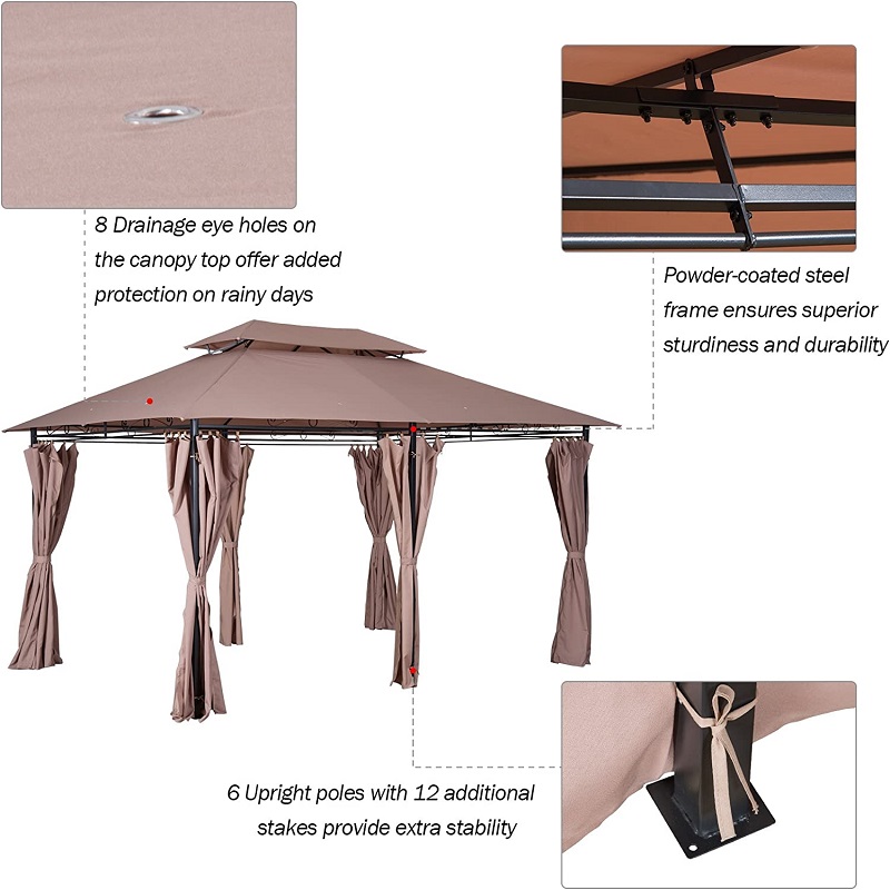 10 \\ 'x 13 \\' Outdoor Soft Top Pergola altán se záclonami, 2-stupňový ocelový rámový altán pro terasu, khaki