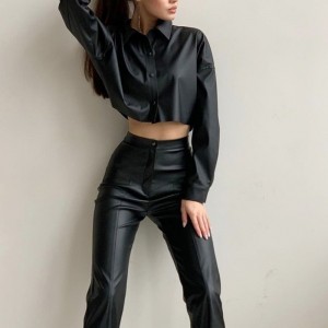 Podzimní a zimní motocykl Sexy Matte PU Kožená mikroelastická krátká košile s dlouhým rukávem