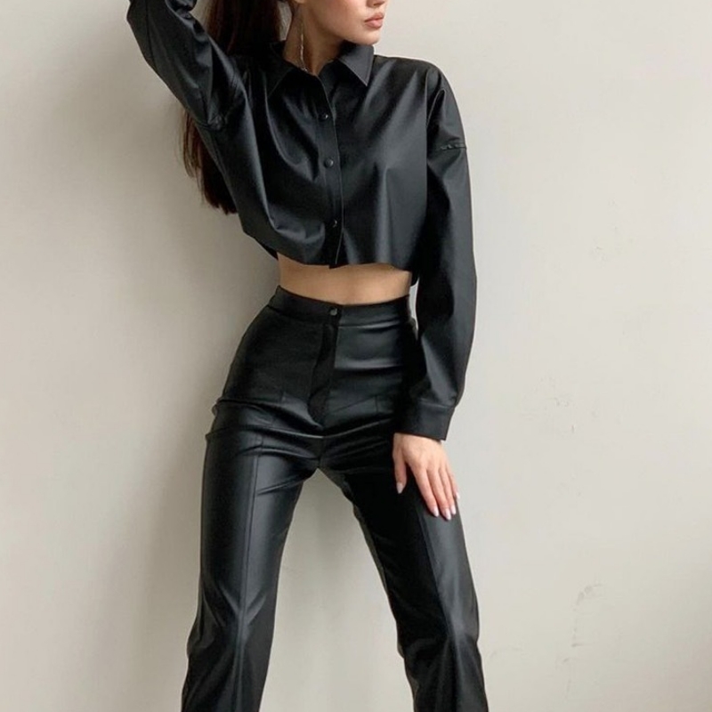 Podzimní a zimní motocykl Sexy Matte PU Kožená mikroelastická krátká košile s dlouhým rukávem