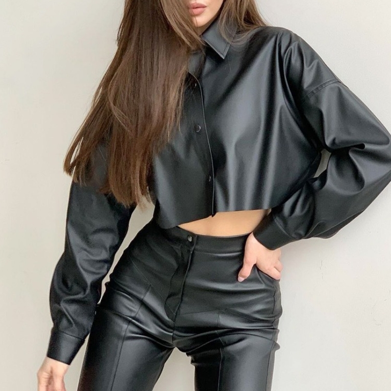 Podzimní a zimní motocykl Sexy Matte PU Kožená mikroelastická krátká košile s dlouhým rukávem