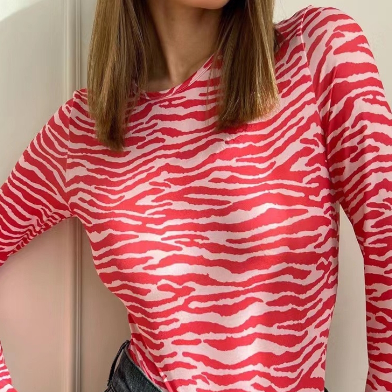 Evropský a americký styl kulatý krk Zebra Print tričko Slim pruhované košile