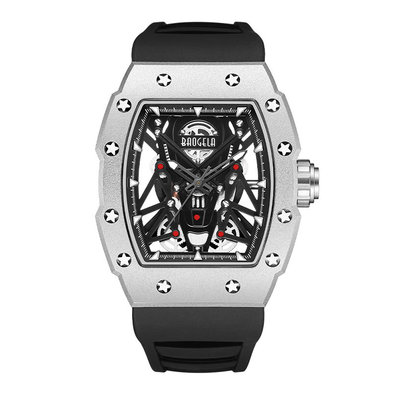 Baogela Silver Black Sport Quartz Watch for Men Tonneau Dial Analog Waterproof Wristwatch se silikonovými popruh světelnými rukama 4145