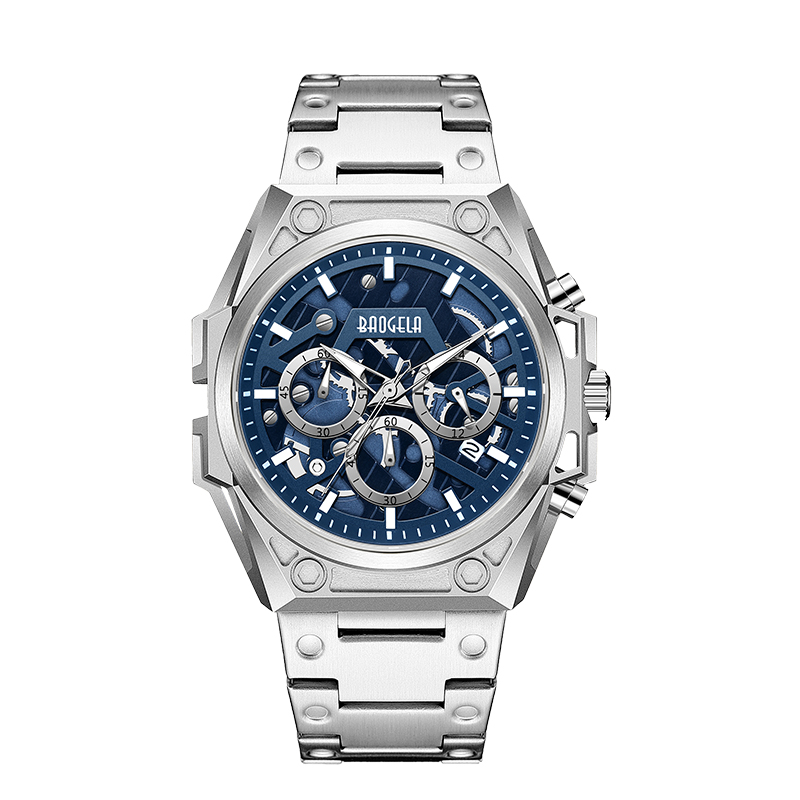 Baogela luxusní hodinky znerezové oceli Men Luxury Brand Sport Kožená řepnáramku vodotěsné chronograf křemenné hodinky 22605