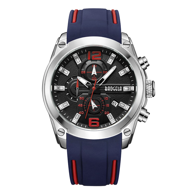 Baogela Chronograph Analog Quartz Watch s datem světelných rukou vodotěsné silikonové gumové popruh zápěstí pro Man Blue 22609