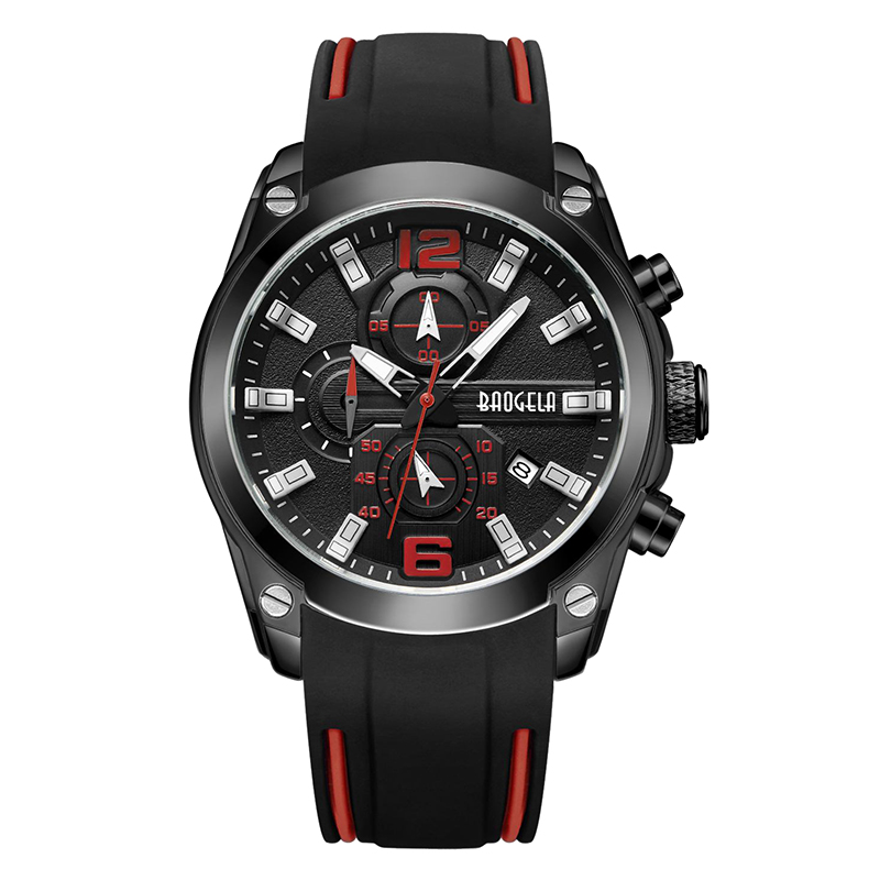 Baogela Chronograph Analog Quartz Watch s datem světelných rukou vodotěsné silikonové gumové popruh zápěstí pro Man Blue 22609