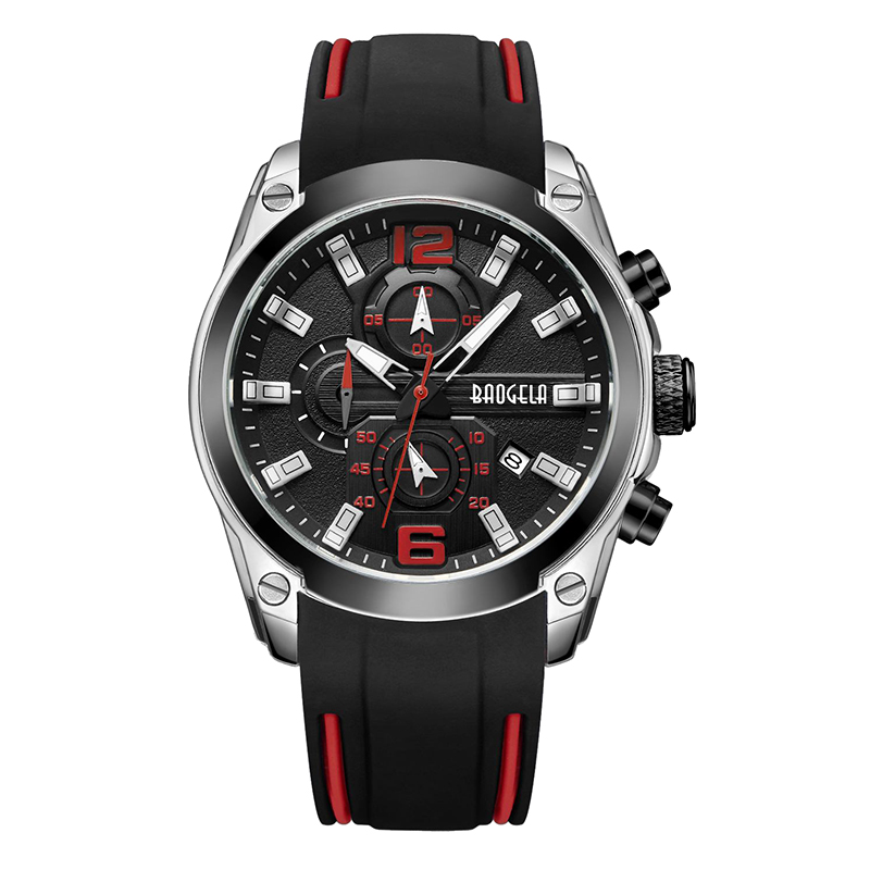Baogela Chronograph Analog Quartz Watch s datem světelných rukou vodotěsné silikonové gumové popruh zápěstí pro Man Blue 22609