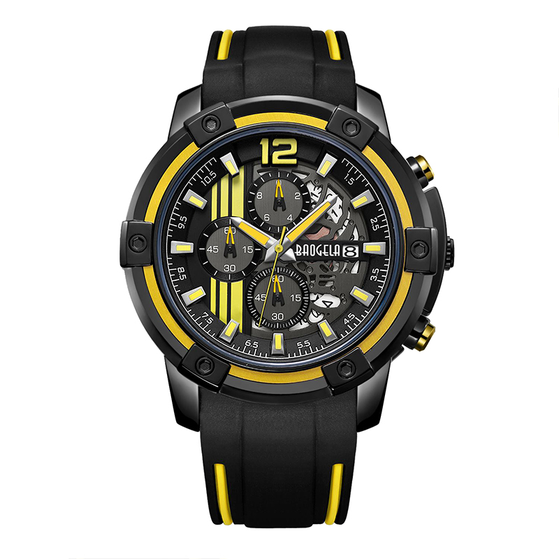 Baogel Men \\'s Black Silicone Strap Quartz Watchs Chronograph Sports Wristwatch pro Man 3ATM vodotěsné světelné ruce žluté 22701