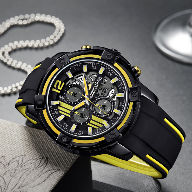 Baogel Men \\'s Black Silicone Strap Quartz Watchs Chronograph Sports Wristwatch pro Man 3ATM vodotěsné světelné ruce žluté 22701
