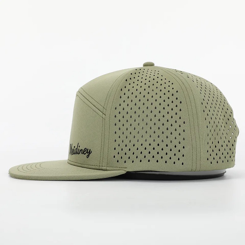 OEM Vlastní vysoce kvalitní výšivka Logo Luxus 7 Panel Snapback Cap Adult Flat Bill Snap Back Hat s laserovým řezaným otvorem