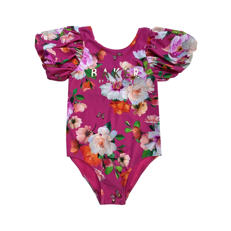 Květinové tiskové písmeno Puff Smeeve Children Swimsuits